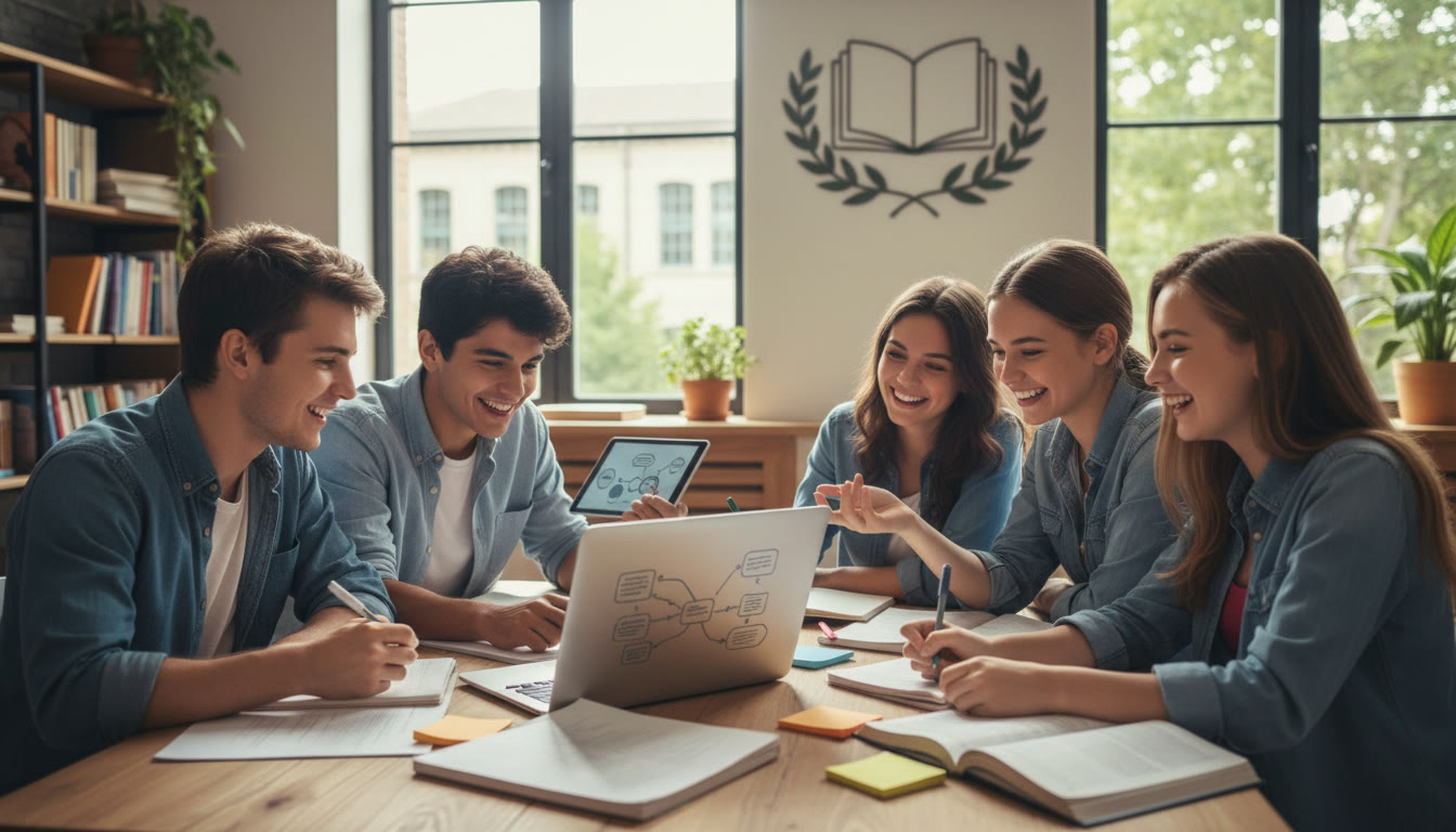 Photo Idea : A small group of students collaborating around a laptop with notebooks, smiling and brainstorming