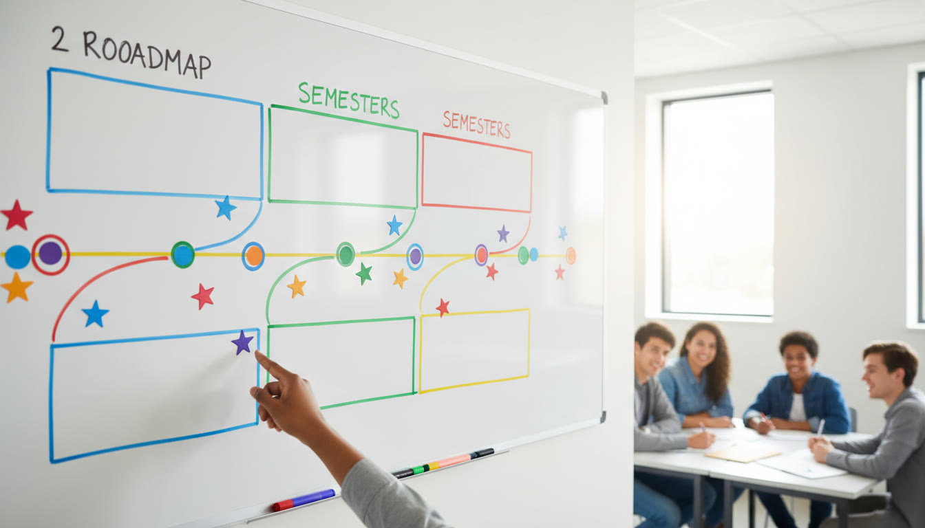 Photo Idea : A two-year roadmap drawn on a whiteboard with colored markers and timeline stickers