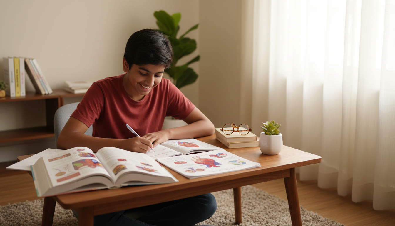 Photo Idea : A focused student at a study table with open textbooks, a notebook full of diagrams, and soft daylight