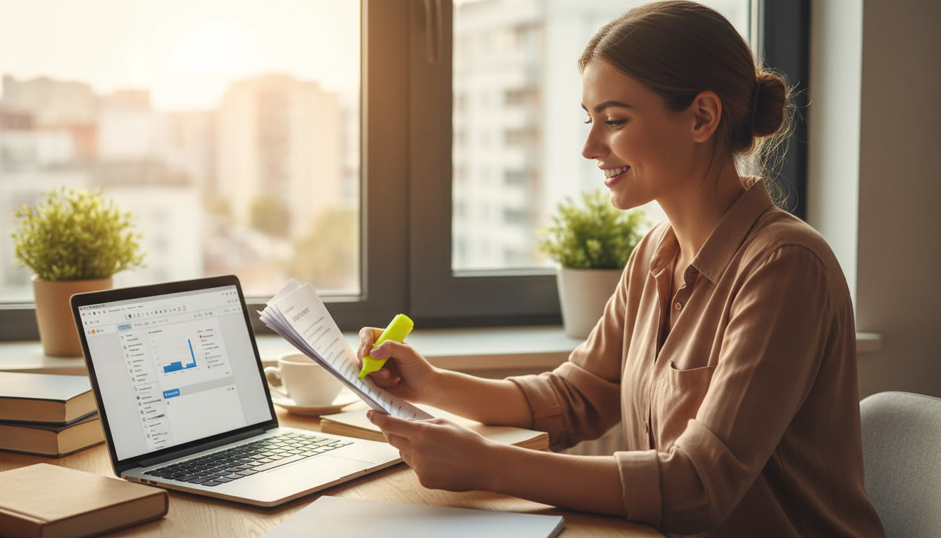 Photo Idea : a student reading an IA printout with a highlighter and laptop open to citation manager