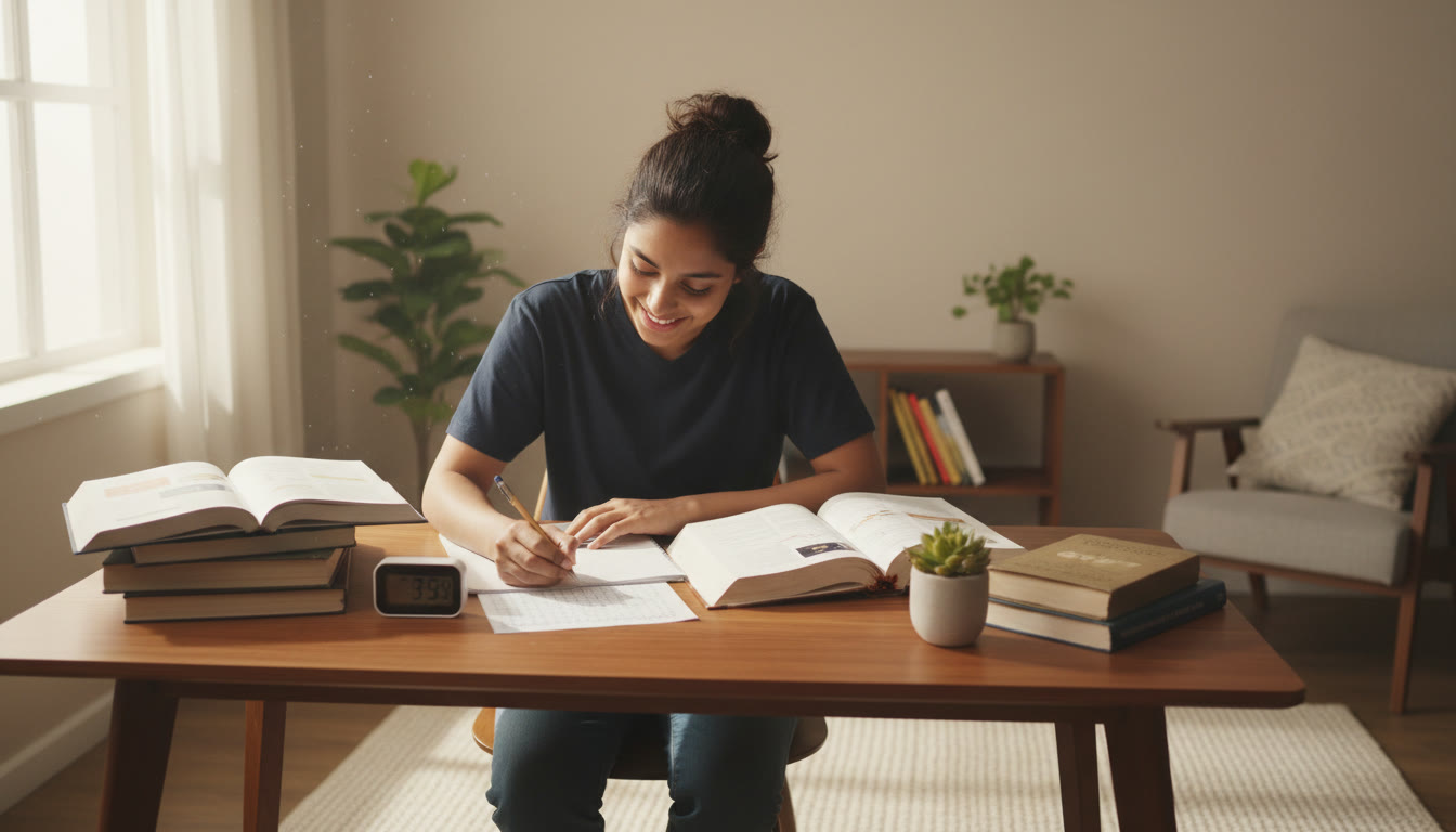 Photo Idea : A focused student studying with textbooks, a timer, and an OMR sheet visible