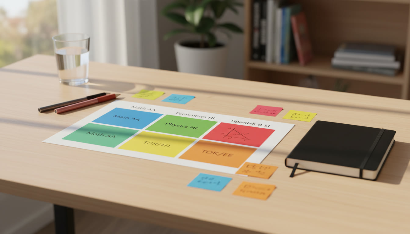 Photo Idea : a neat desk with a colour-coded study plan, sticky notes, and a closed notebook