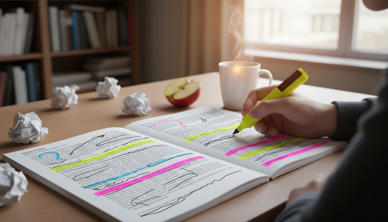 Photo Idea : Close-up of an annotated Extended Essay draft with a student’s handwritten notes and a highlighted bibliography.