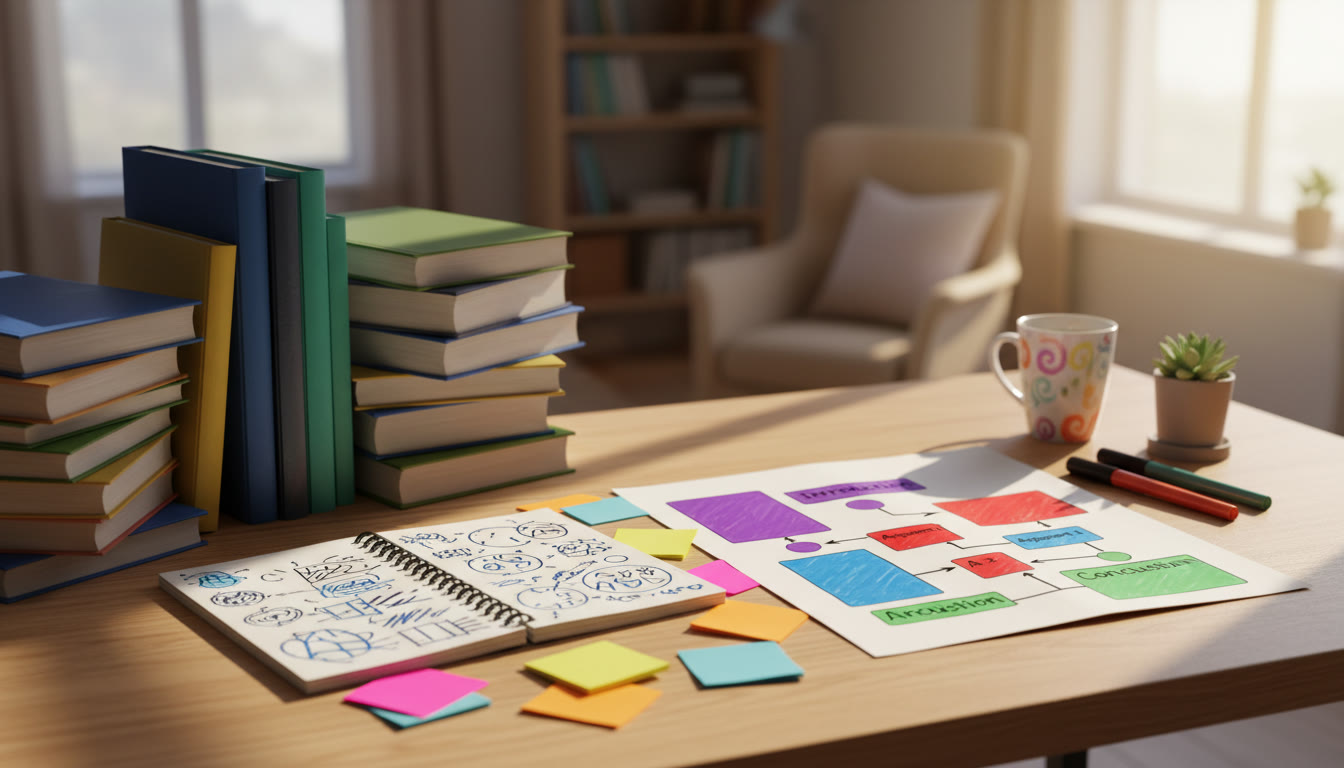 Photo Idea : A desk with stacked TOK books, handwritten notes and a colourful essay plan
