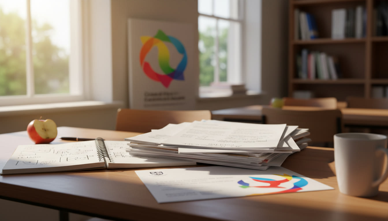 Photo Idea : A close-up of a student’s desk with an Extended Essay draft, a lab notebook, and a campus acceptance letter peeking out