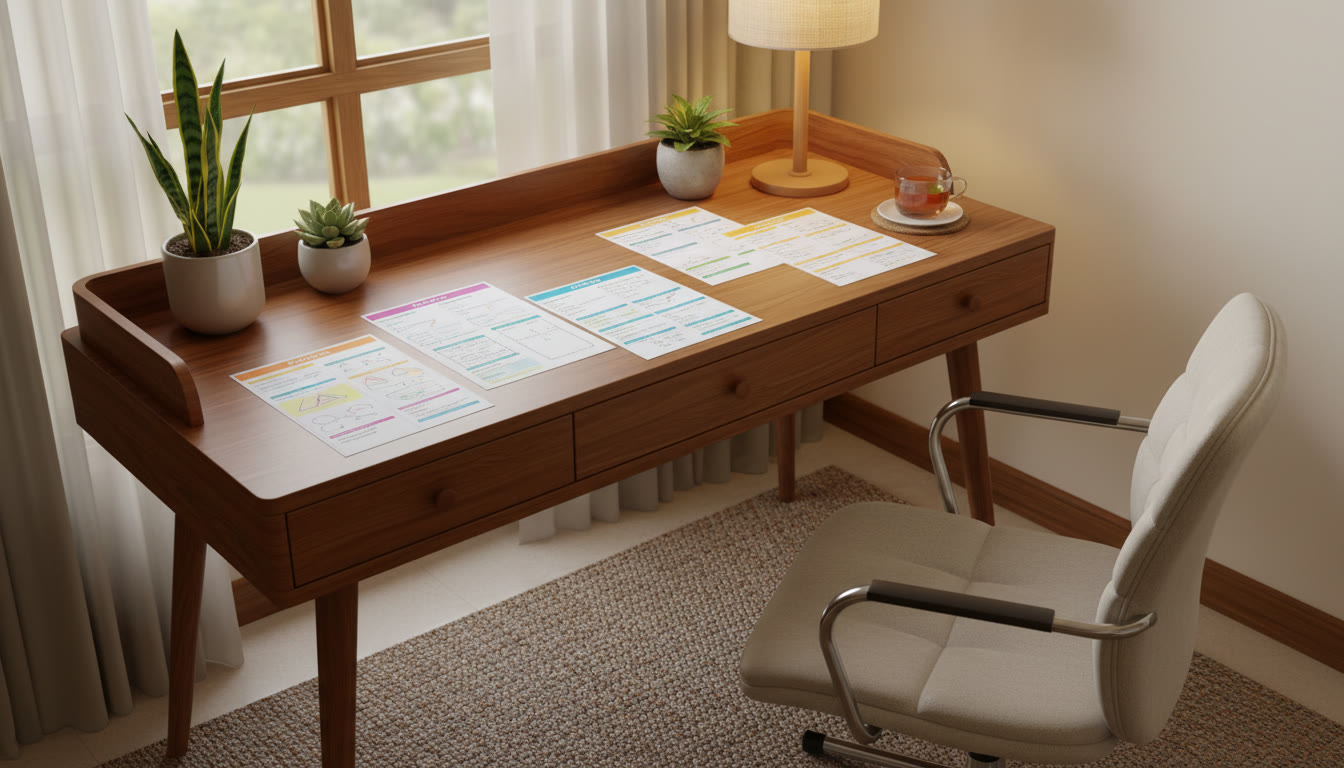 Photo Idea : A study desk with neat one-page concept sheets for physics, chemistry, and biology spread out for revision