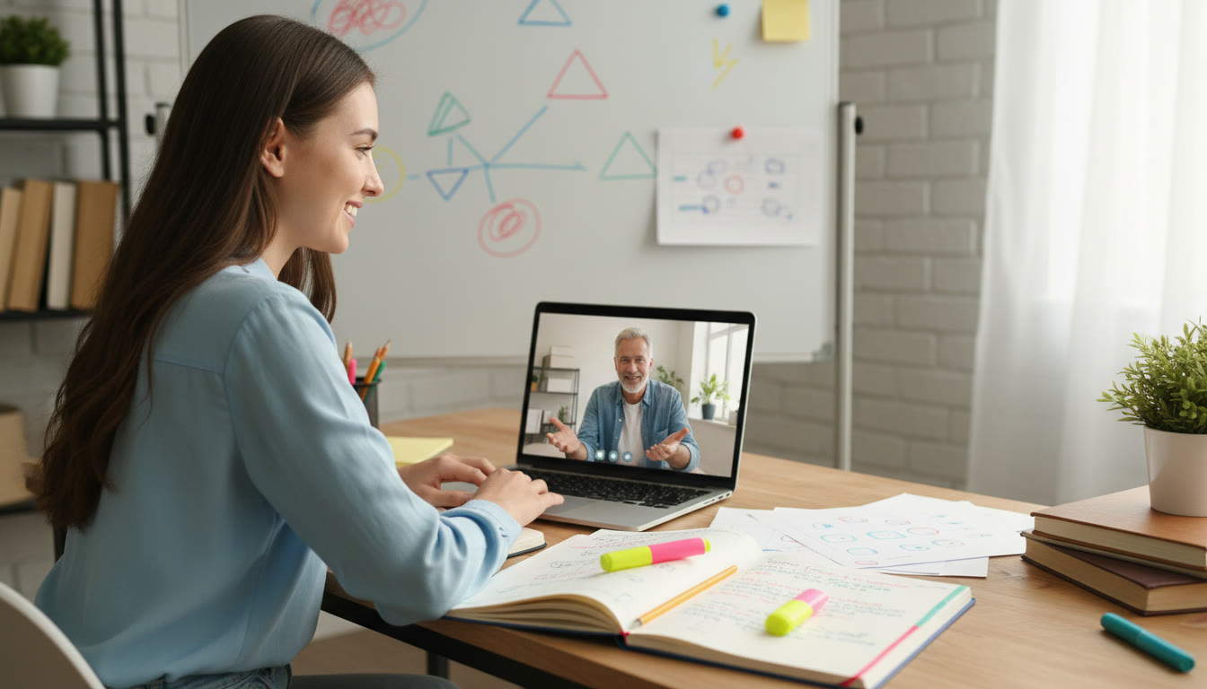 Photo Idea : A student practicing a mock interview on a laptop with a tutor, notes and highlighted anecdotes visible