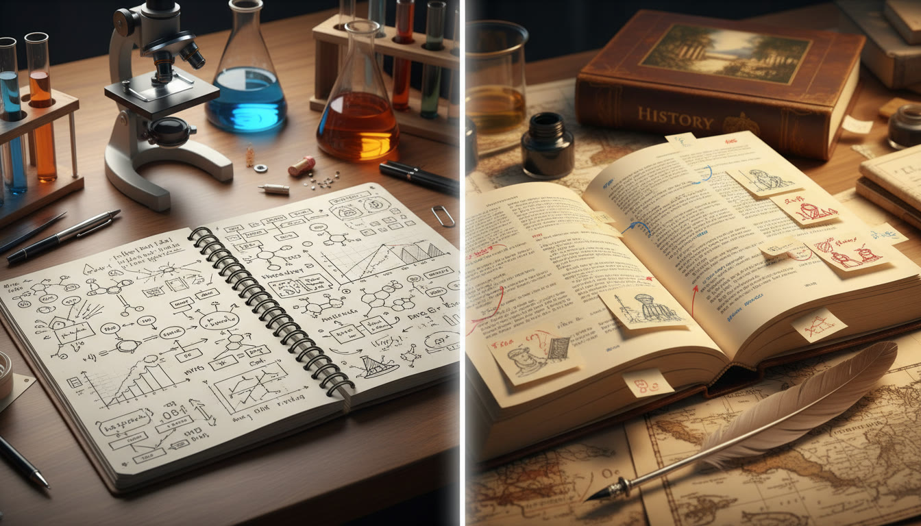 Photo Idea : A split image showing a laboratory notebook on one side and a history book with annotations on the other