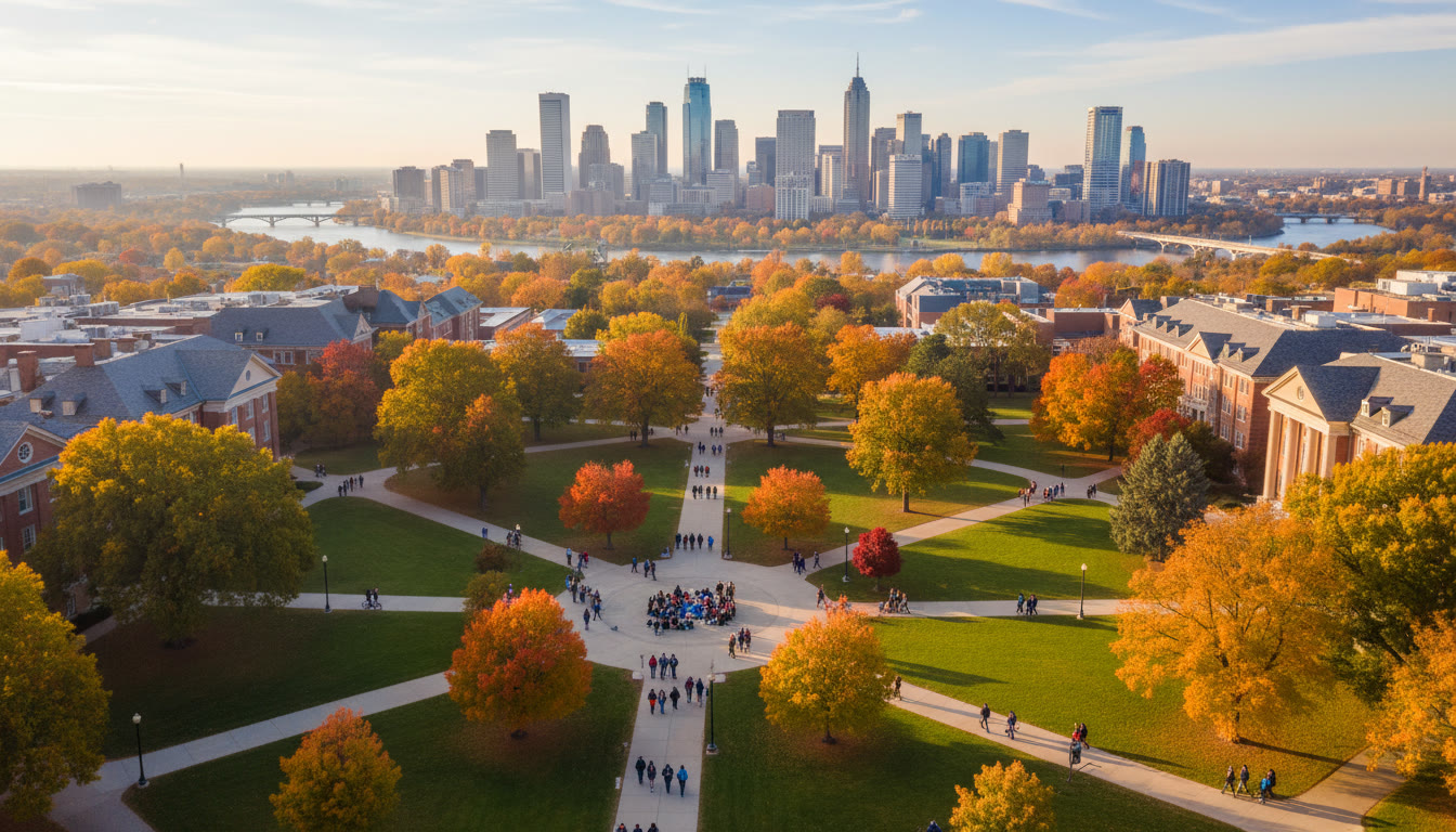Photo Idea : Aerial view of a university campus with students walking, autumn trees and city skyline in the background