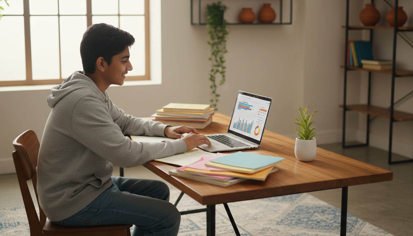 Photo Idea : A focused student at a desk surrounded by subject notes and a laptop showing a mock test interface.