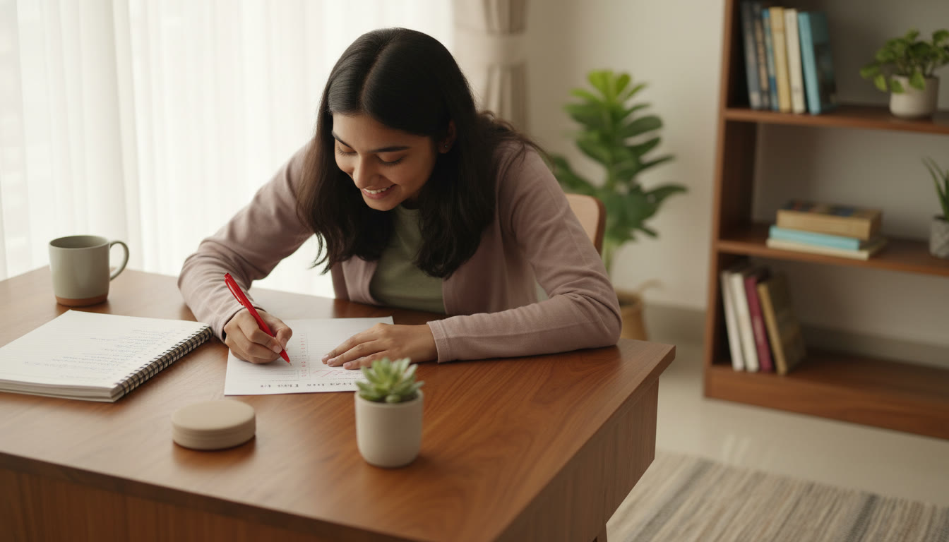 Photo Idea : A focused student at a desk marking a practice paper with a pen and a notebook open for notes