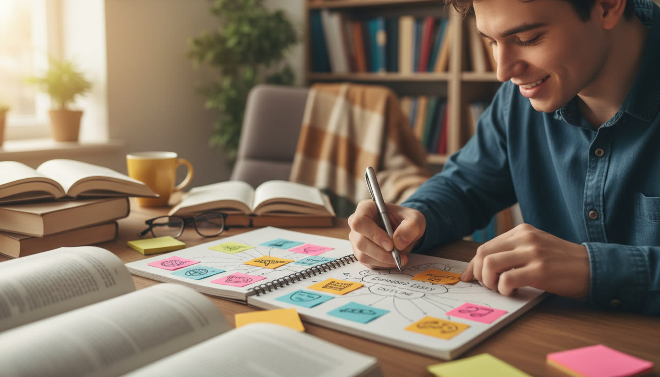 Photo Idea : A close-up of a student writing an Extended Essay outline with sticky notes representing multiple interests
