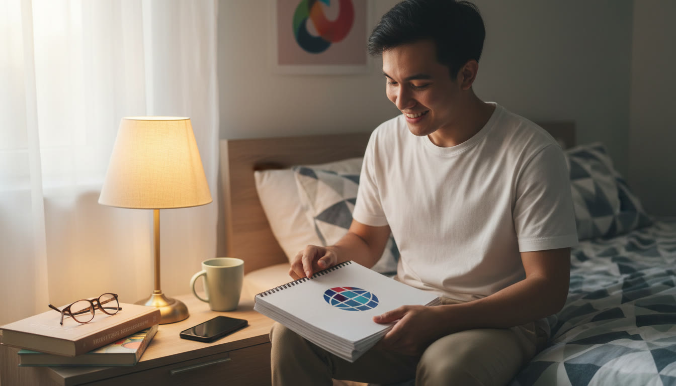 Photo Idea : A student closing a notebook and setting an alarm on a phone by a bedside lamp