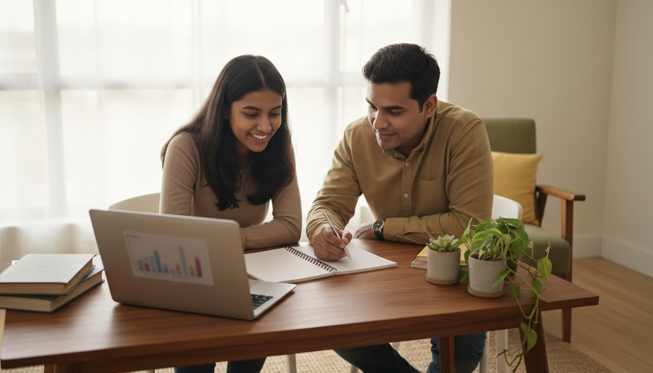 Photo Idea : Student and tutor looking at a notebook together over a laptop in a bright study corner