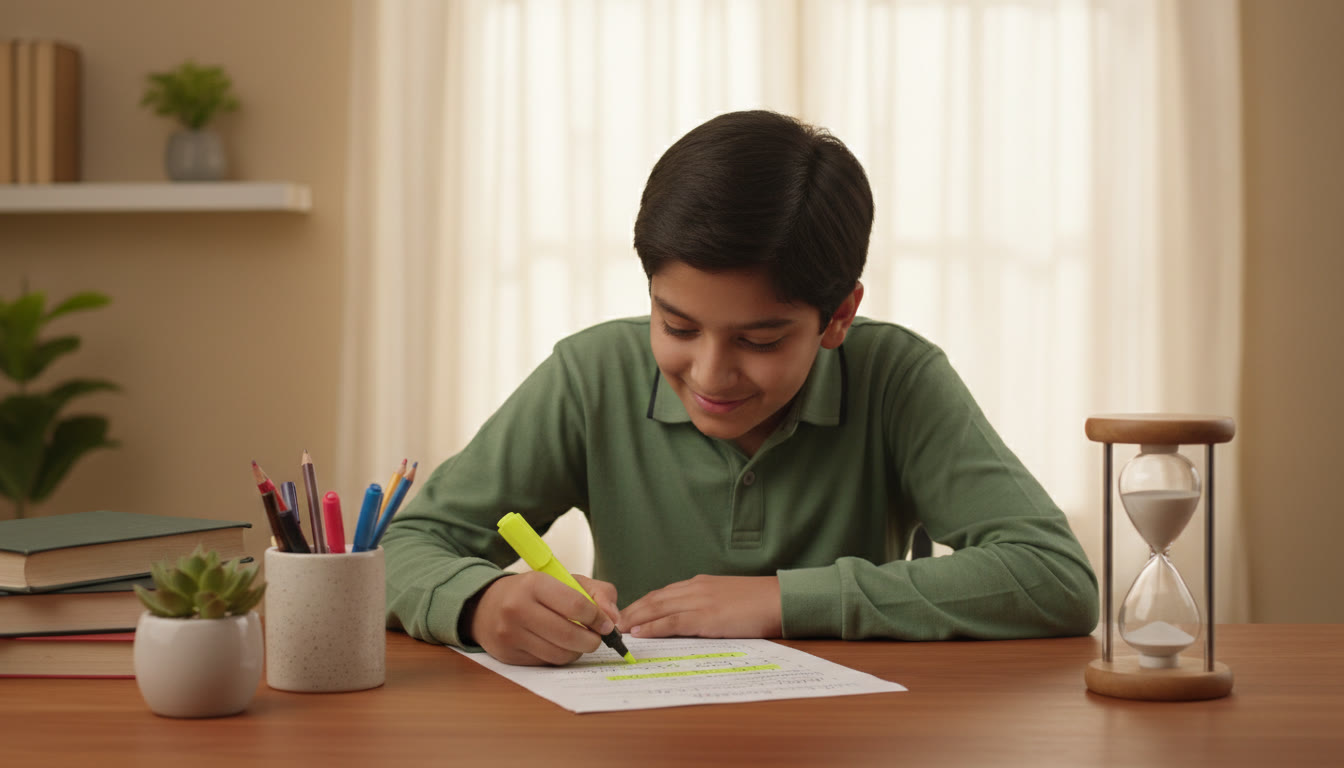 Photo Idea : Student underlining keywords on a question paper with a neat desk and a timer visible