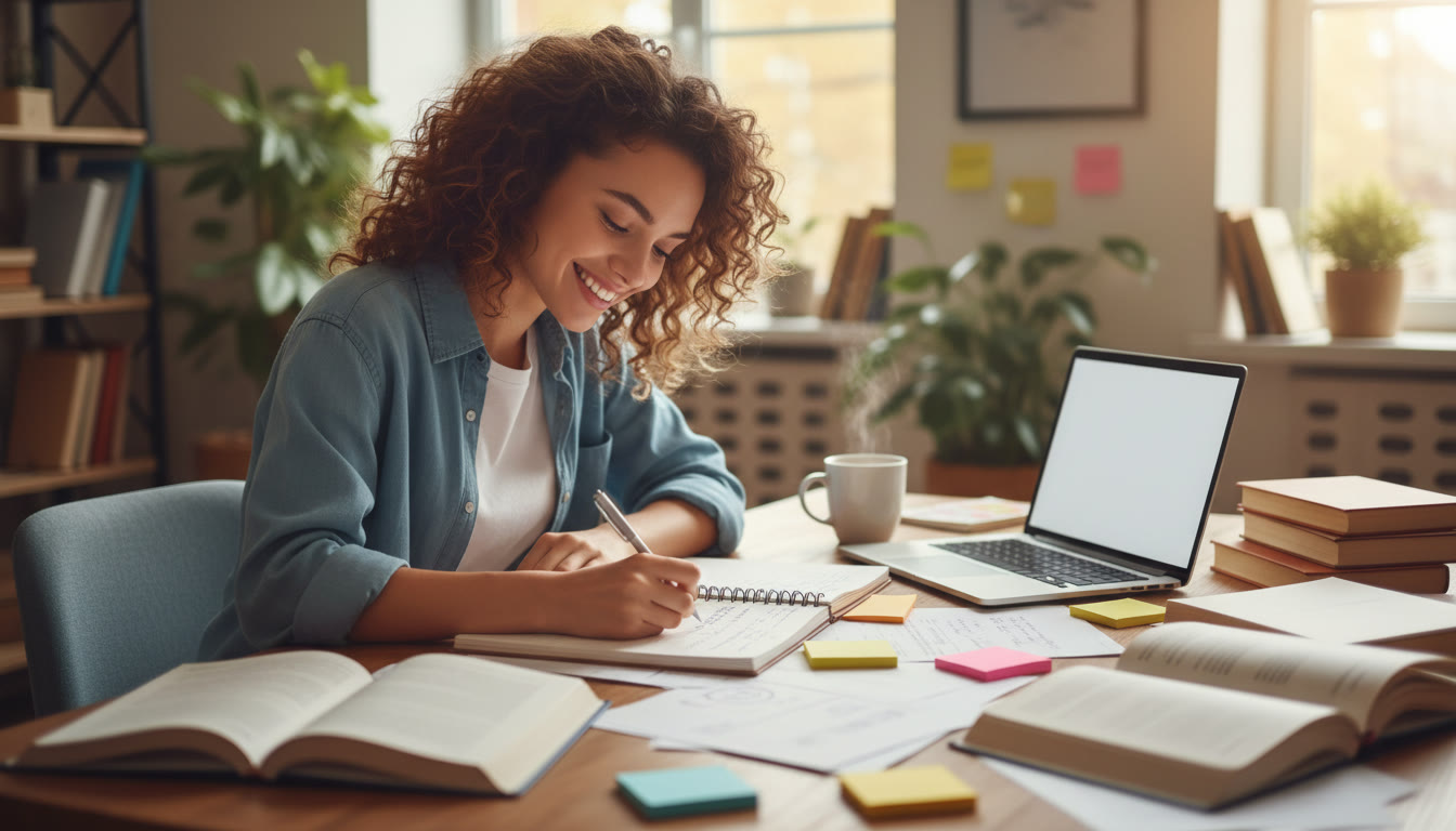 Photo Idea : A student at a desk surrounded by IB notes and a laptop, jotting a story in a notebook