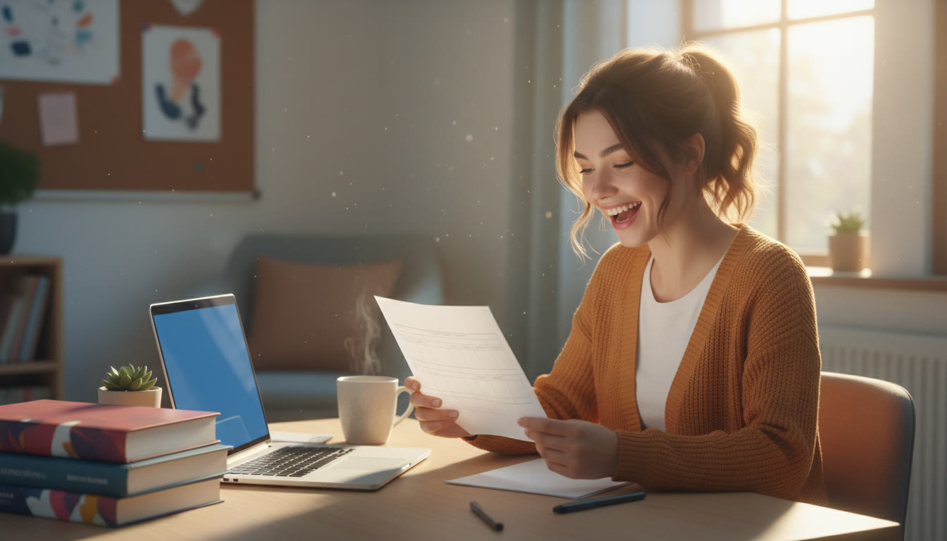 Photo Idea : Student at a desk smiling at a results printout with textbooks and a laptop nearby