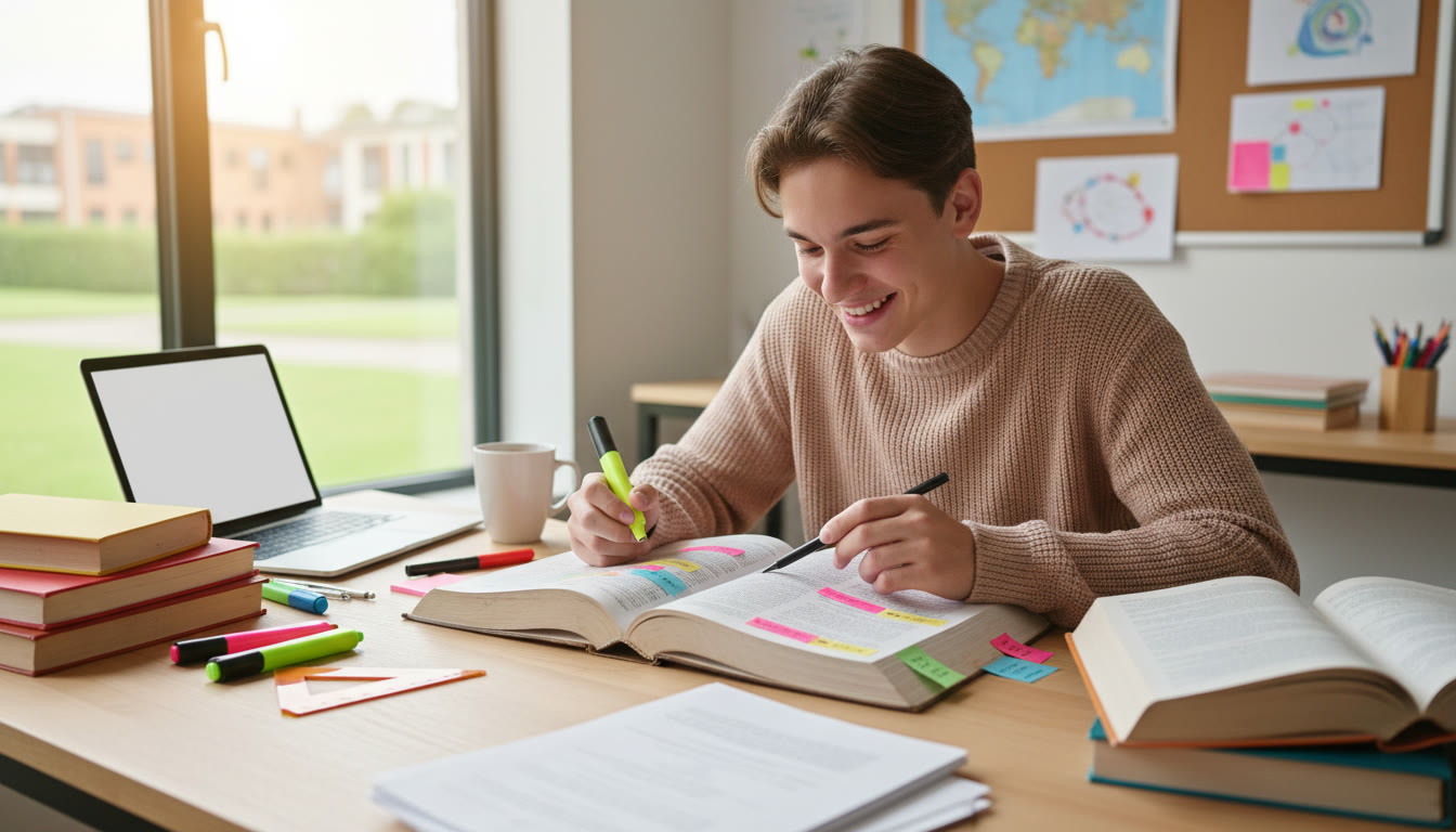 Photo Idea : A focused IB student annotating a dense historical textbook with color-coded notes at a tidy desk.