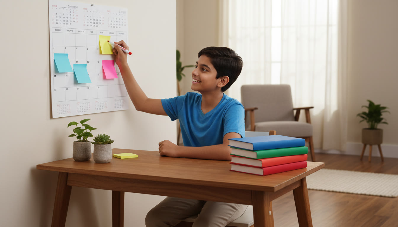 Photo Idea : Student at a tidy desk marking a two-year calendar with colored sticky notes and a stack of Physics, Chemistry, and Mathematics books nearby