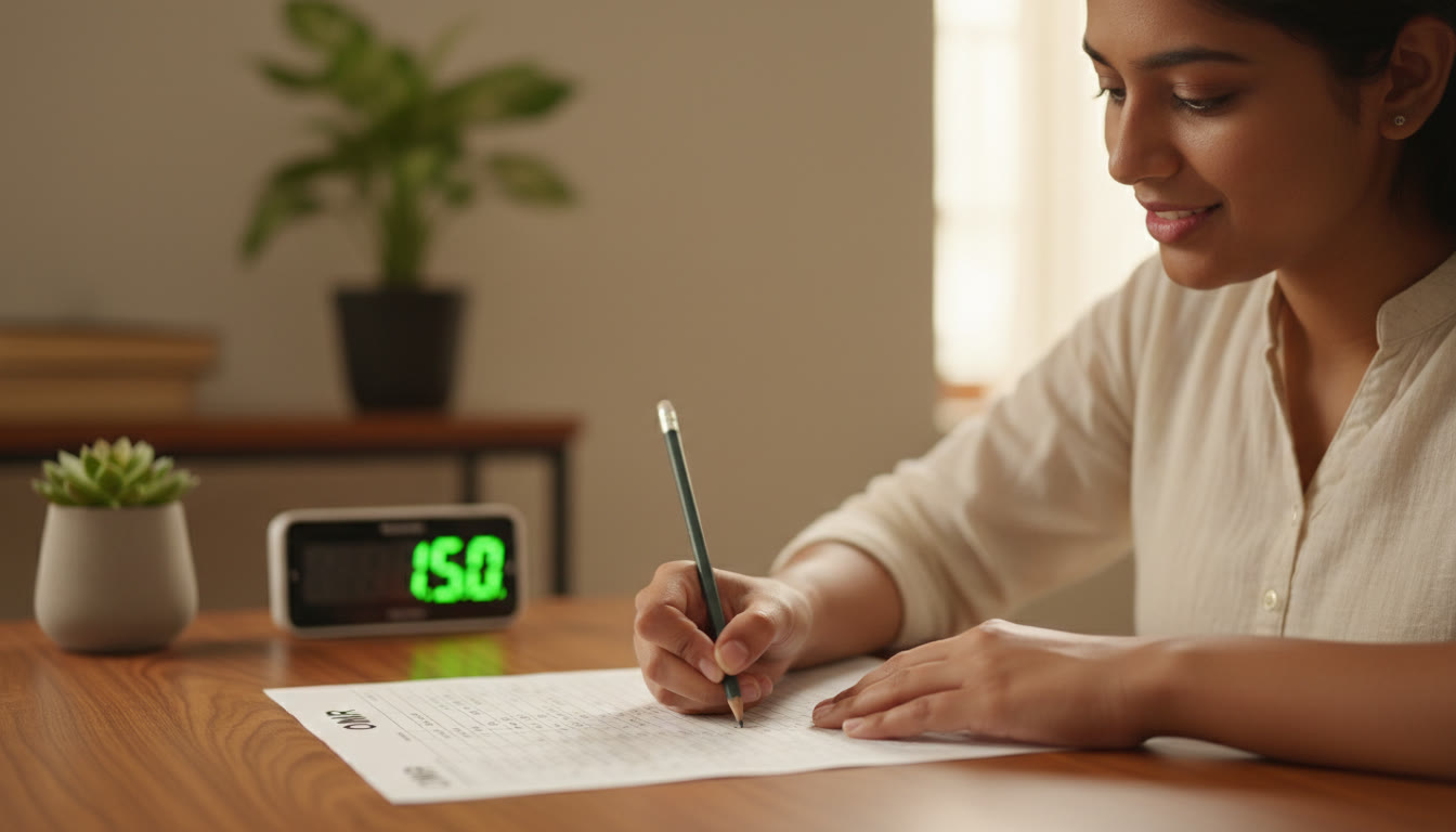 Photo Idea : A close-up of a student carefully filling an OMR sheet with a pencil, a timer in the background.