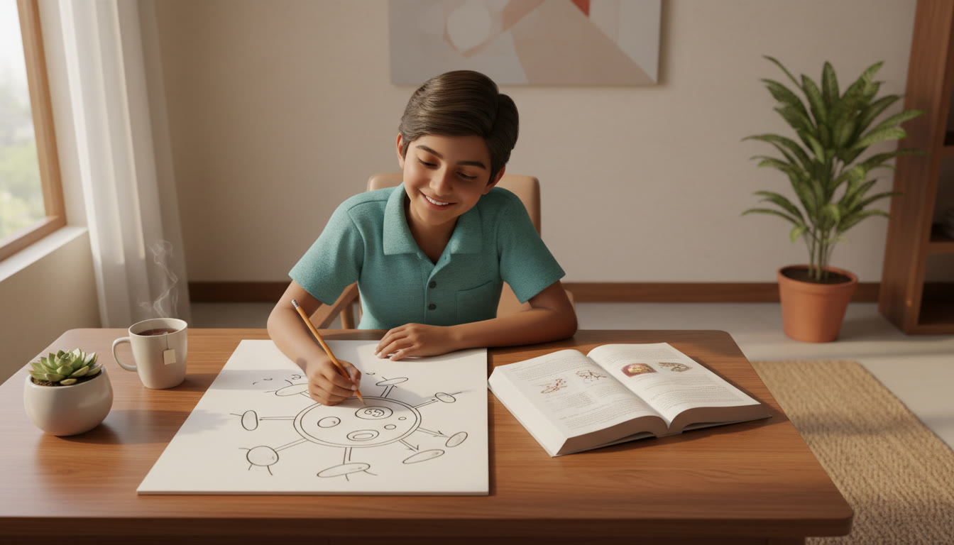 Photo Idea : A student sketching a large labelled diagram in a notebook with textbook open beside them