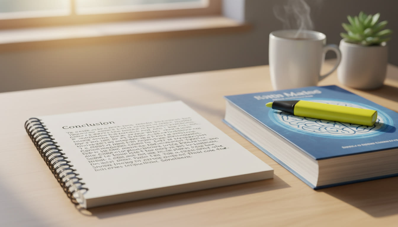 Photo Idea : Open notebook with a short typed conclusion draft next to a highlighter and a TOK textbook