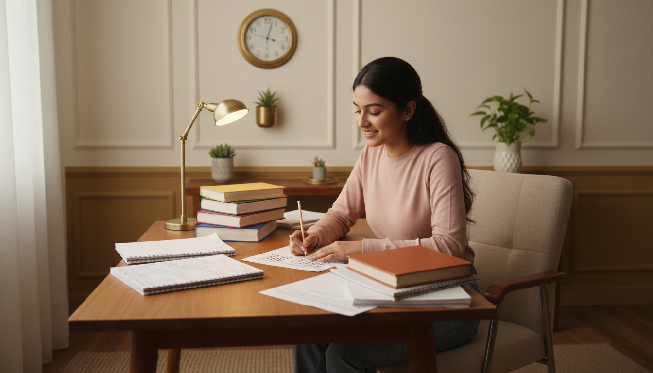 Photo Idea : A focused student at a desk with textbooks, handwritten notes, and an OMR sheet with a clock on the wall