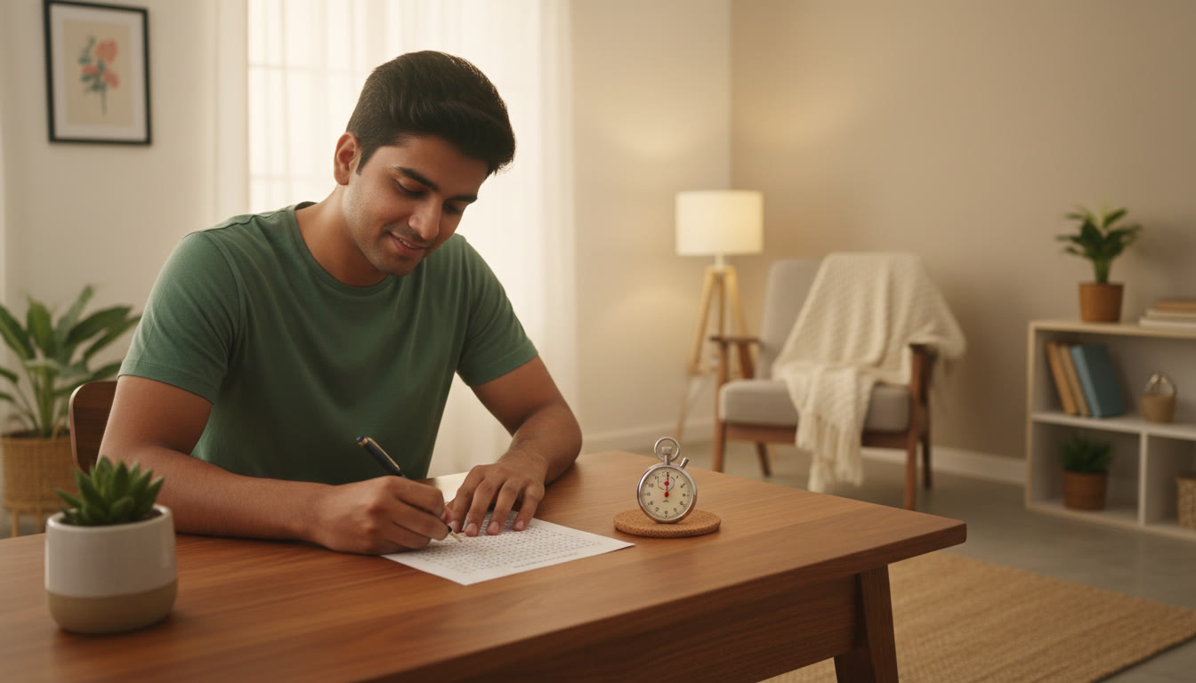 Photo Idea : Mock test scene with a candidate filling an OMR sheet and a stopwatch on the desk