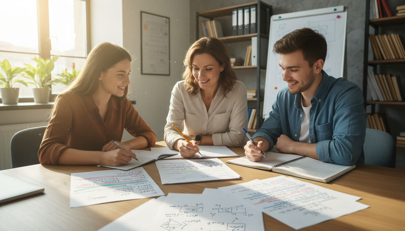 Photo Idea : A small group session with a tutor and student reviewing annotated exam scripts on a table