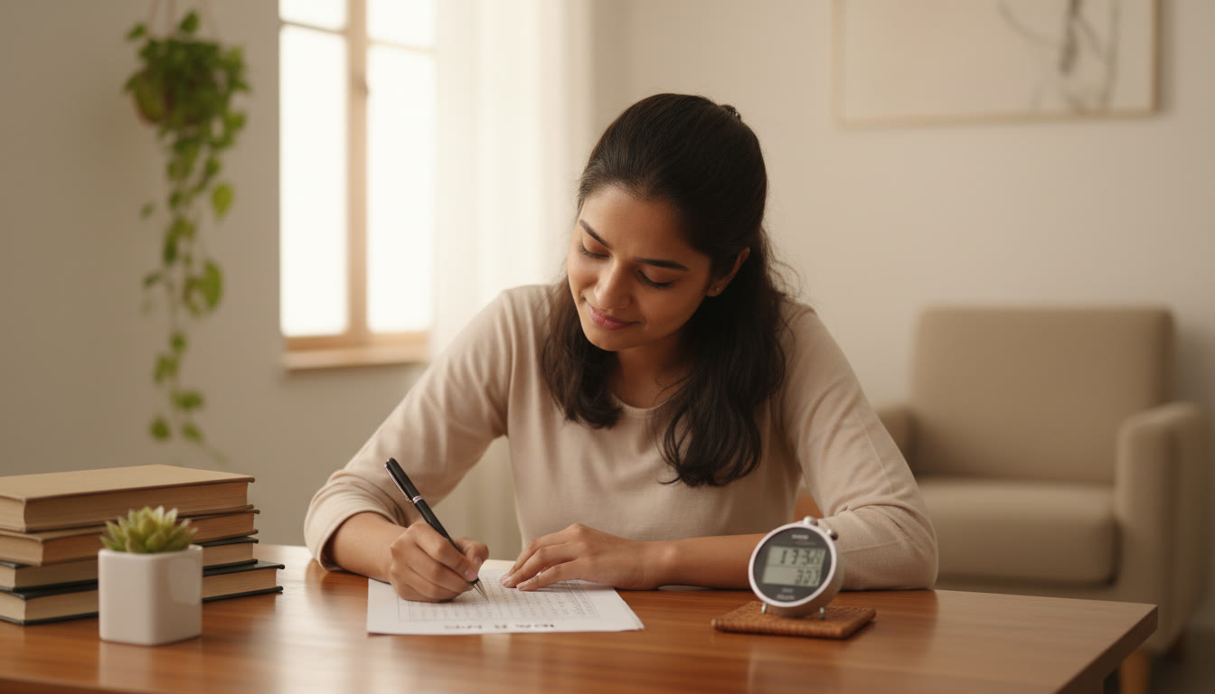 Photo Idea : Student marking answers carefully on an OMR sheet with a stopwatch beside the sheet