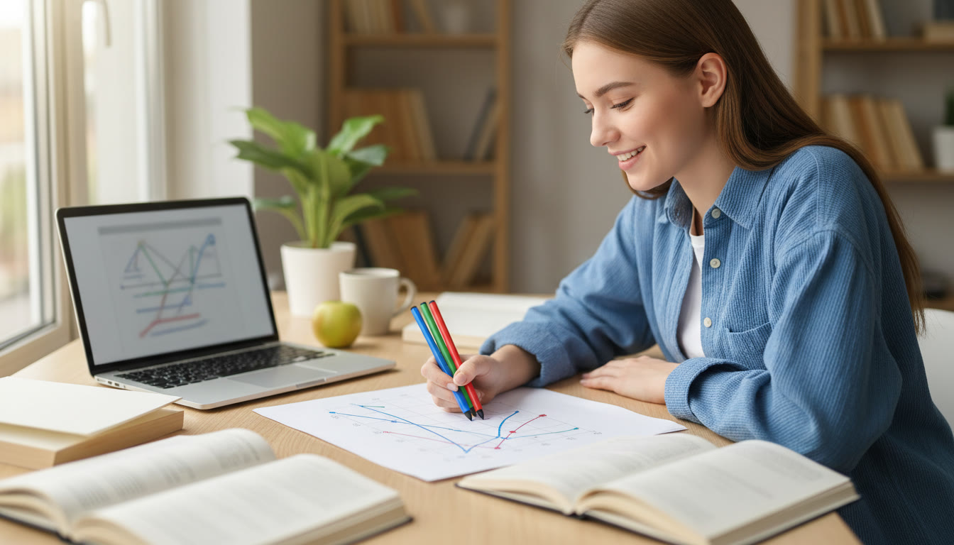 Photo Idea : Student annotating a graph with colored pens and a laptop displaying an IA draft