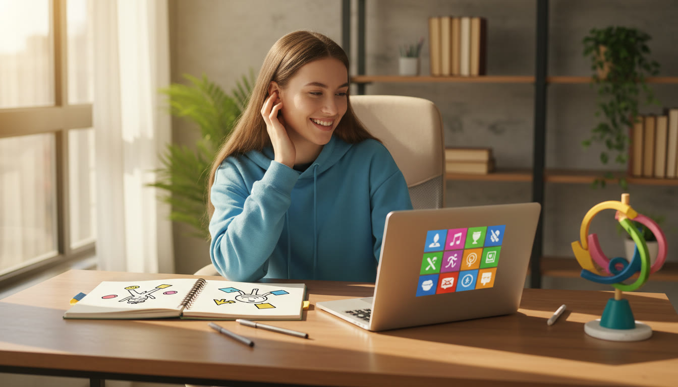 Photo Idea : A student at a tidy desk cross-referencing a notebook labeled "CAS" with a laptop showing an activities list