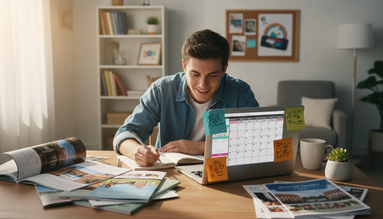 Photo Idea : A focused student at a desk surrounded by college brochures and an open laptop with a calendar and sticky notes