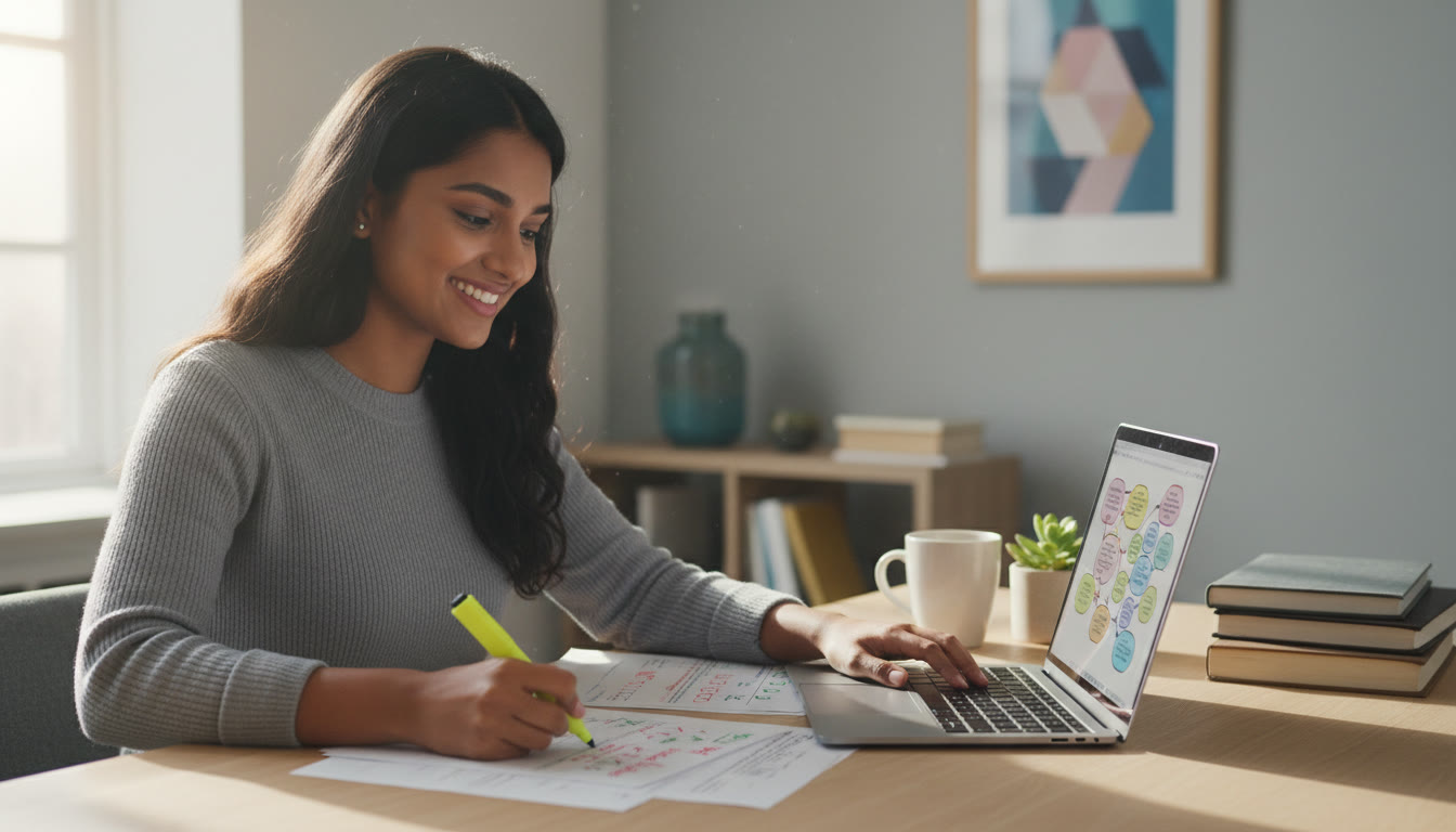 Photo Idea : Student at a desk with a marked essay, highlighter in hand, laptop open to notes
