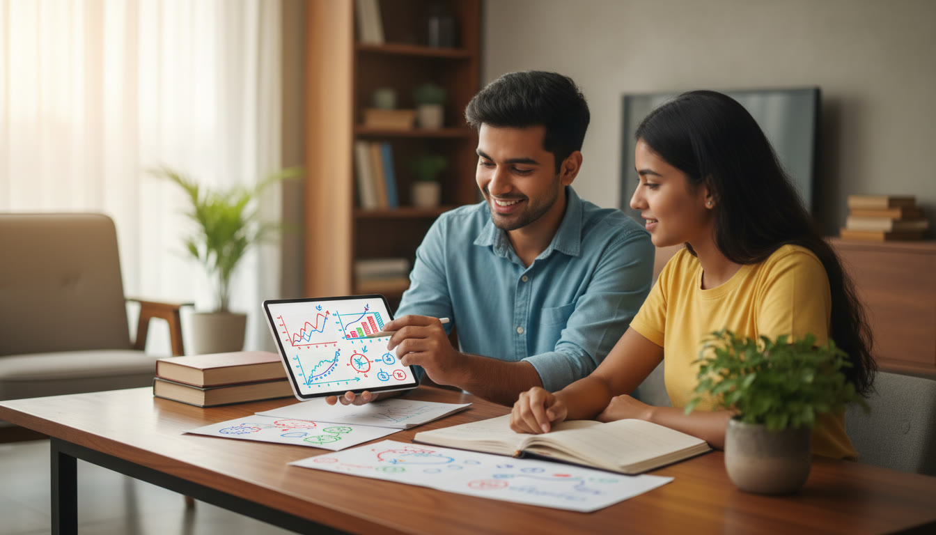 Photo Idea : Tutor and student reviewing test analytics on a tablet with annotated notes