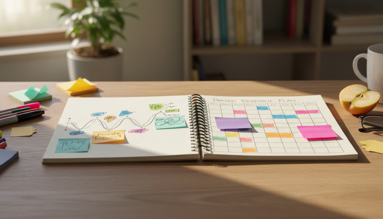 Photo Idea : An open notebook with a timeline, colored sticky notes, and a calendar showing a phased research plan