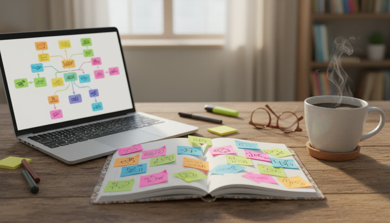 Photo Idea : Open notebook with colorful sticky notes, a laptop showing a mind map, and a cup of coffee