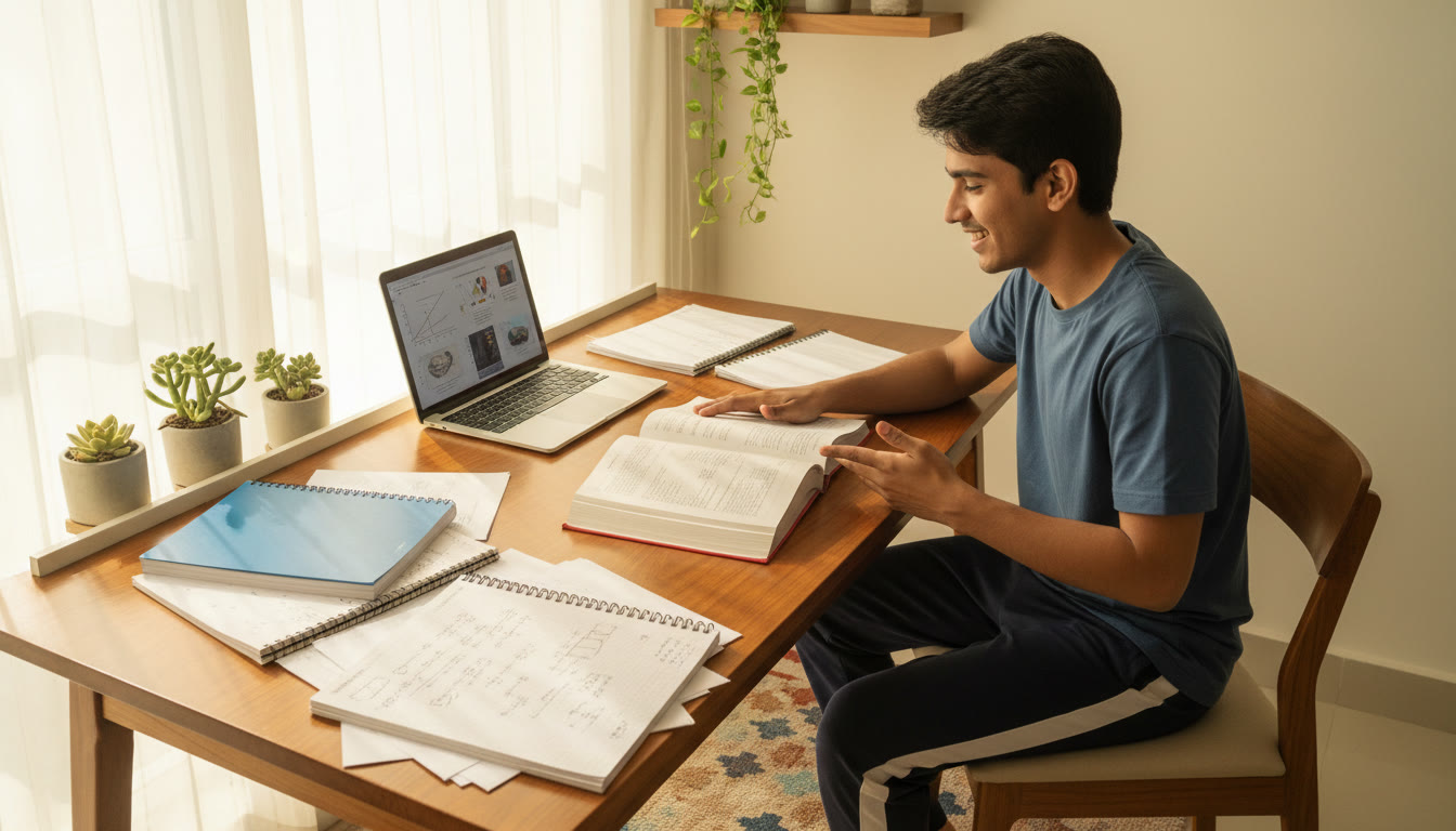 Photo Idea : Student comparing ISC and CBSE textbooks at a desk with NEET notes and a laptop