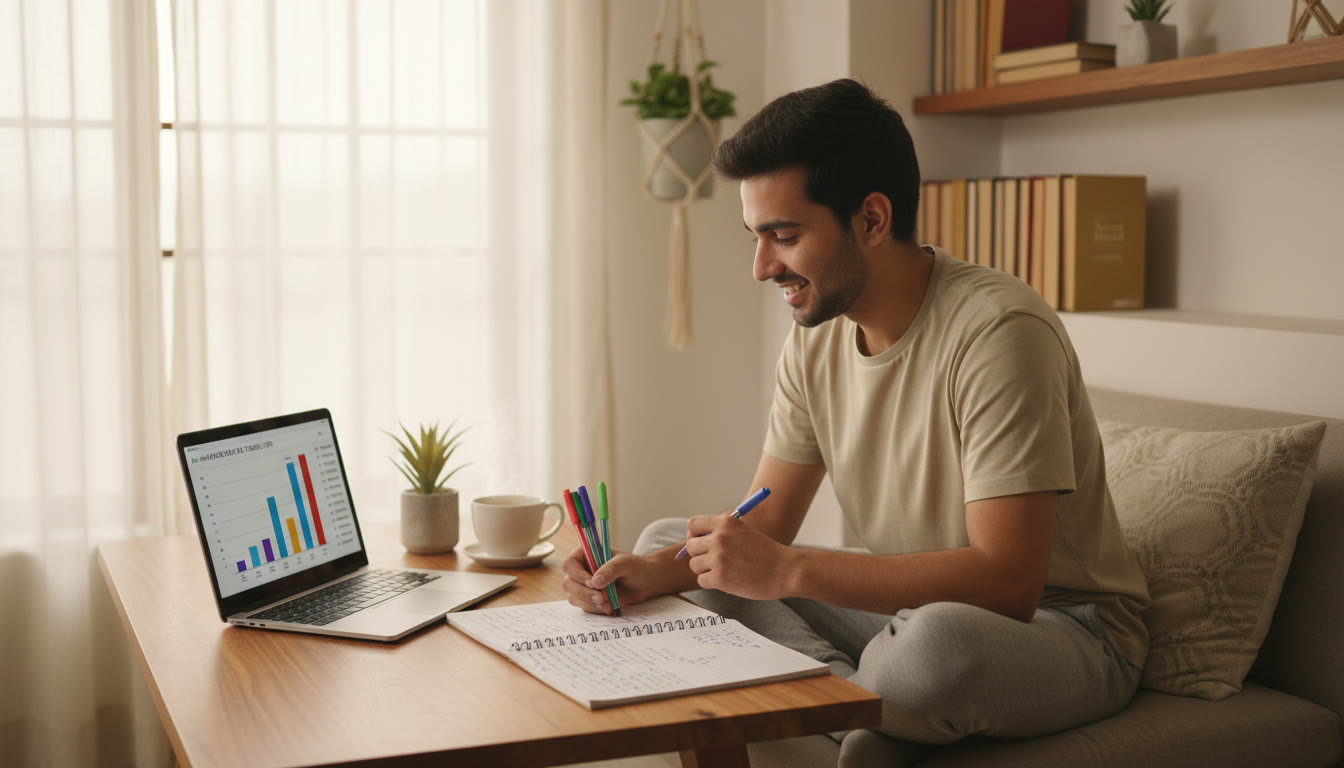 Photo Idea : A student marking an error log with colored pens beside a laptop showing mock test results