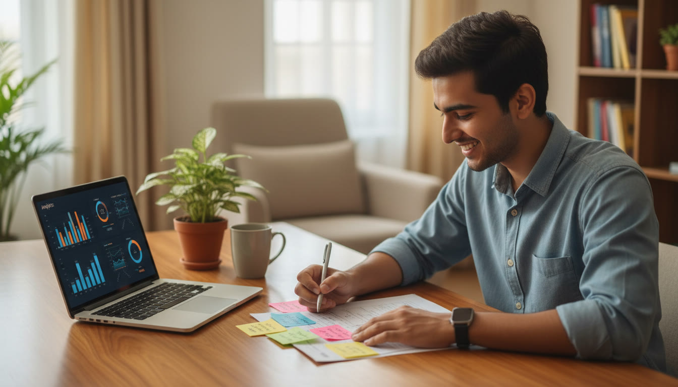 Photo Idea : a student reviewing a mock test paper with colored sticky notes and a laptop showing analytics