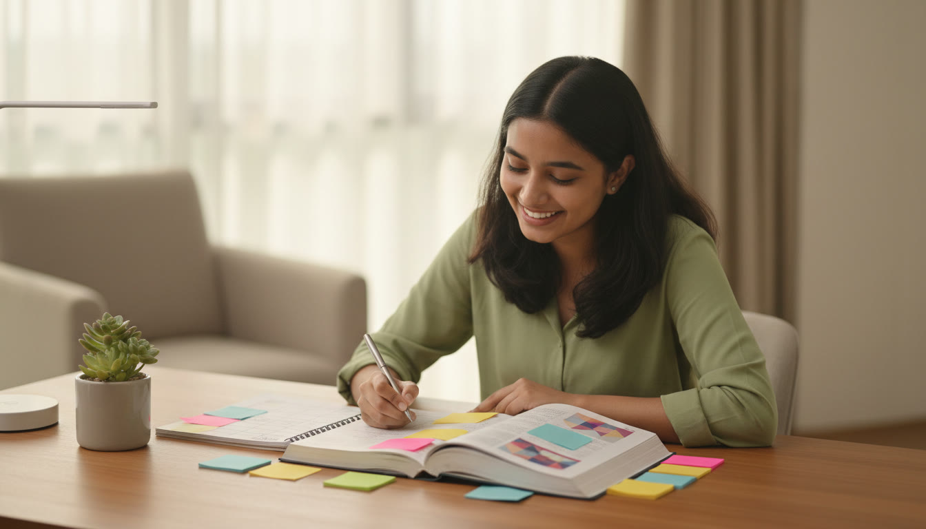 Photo Idea : Student at a tidy desk with a CBSE textbook, color-coded sticky notes, and a notebook with a planning sheet