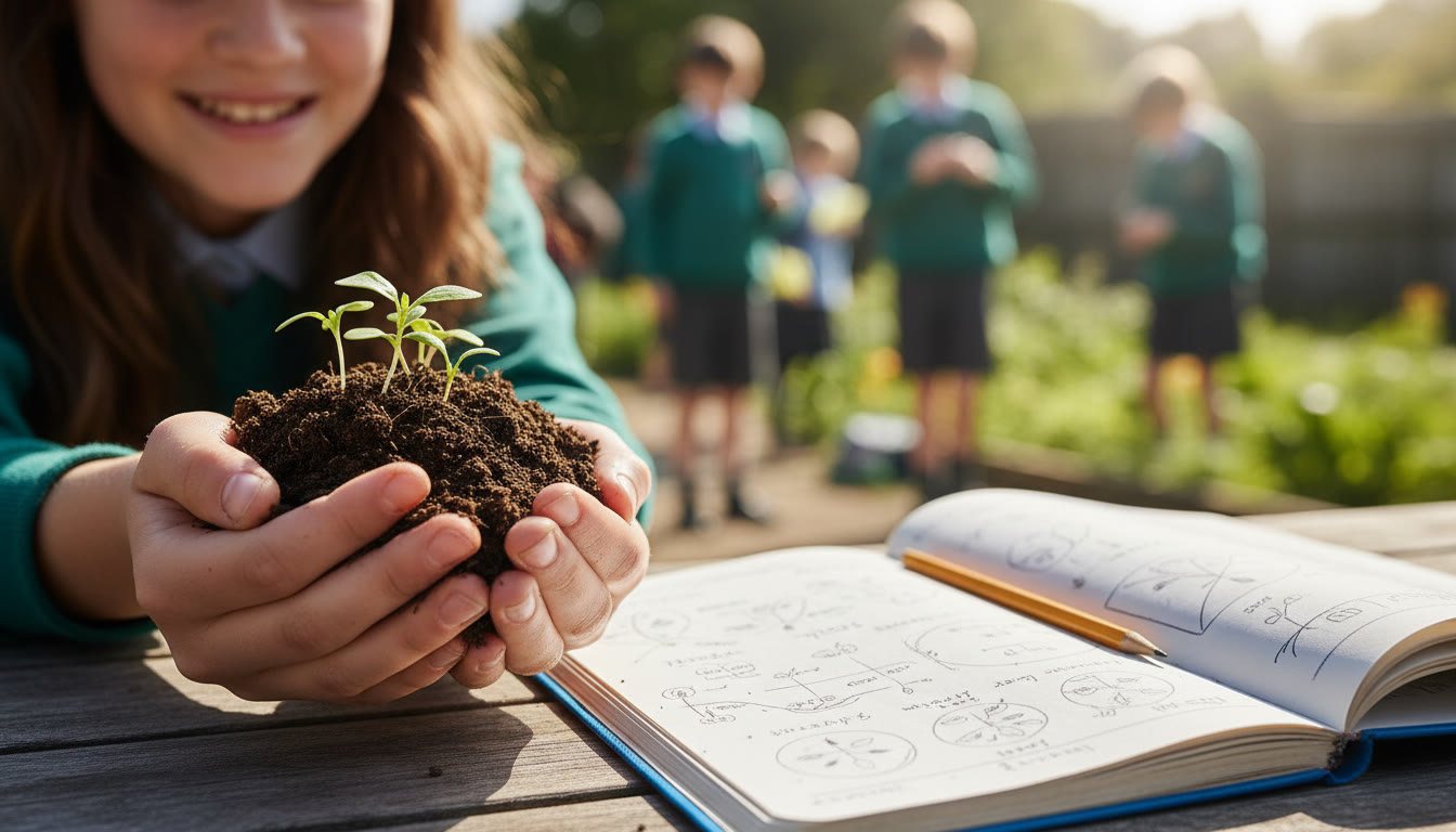 Photo Idea : Close-up of student hands holding soil and seedlings with a notebook beside them