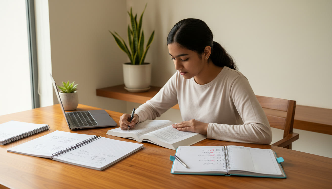 Photo Idea : a focused student at a desk with notebooks, a laptop, and a planner showing a checklist with some items crossed out