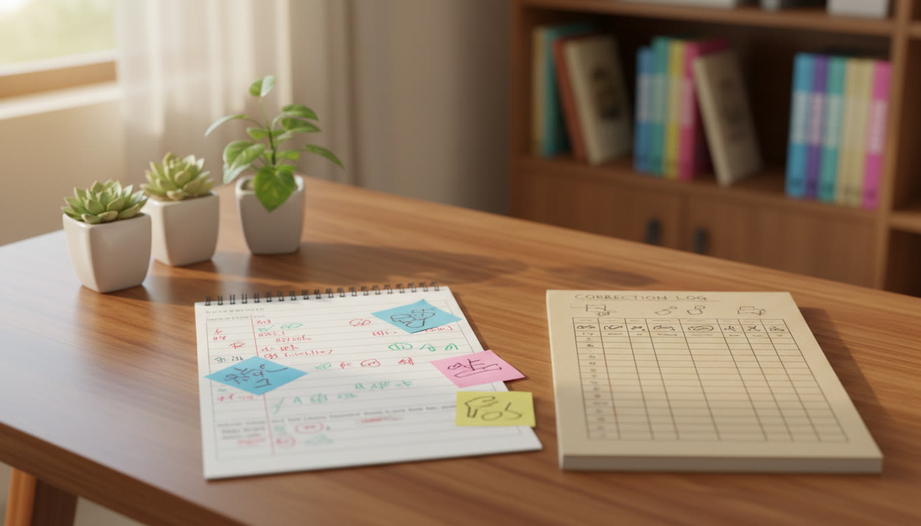 Photo Idea : A corrected test paper with colored notes and a correction log notebook beside it