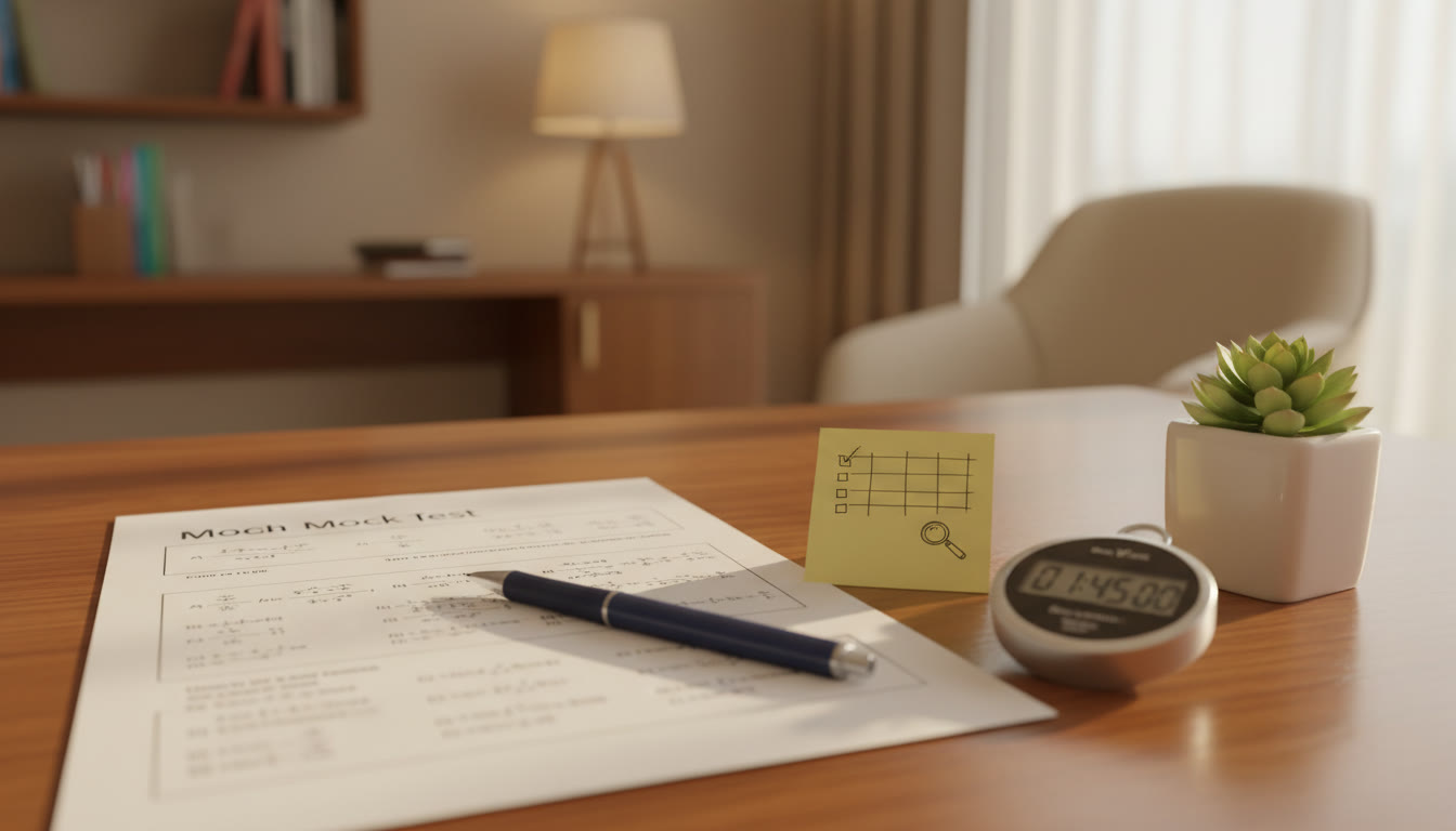 Photo Idea : A printed mock test paper with a pen, a stopwatch, and a small sticky-note checklist of 