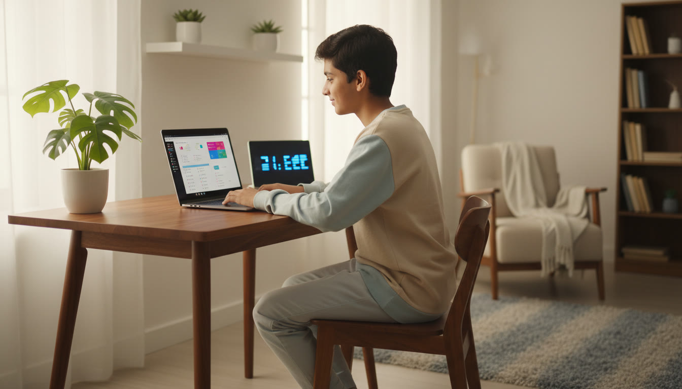 Photo Idea : a focused student taking a full-length computer-based mock test at a desk with a laptop and timer visible
