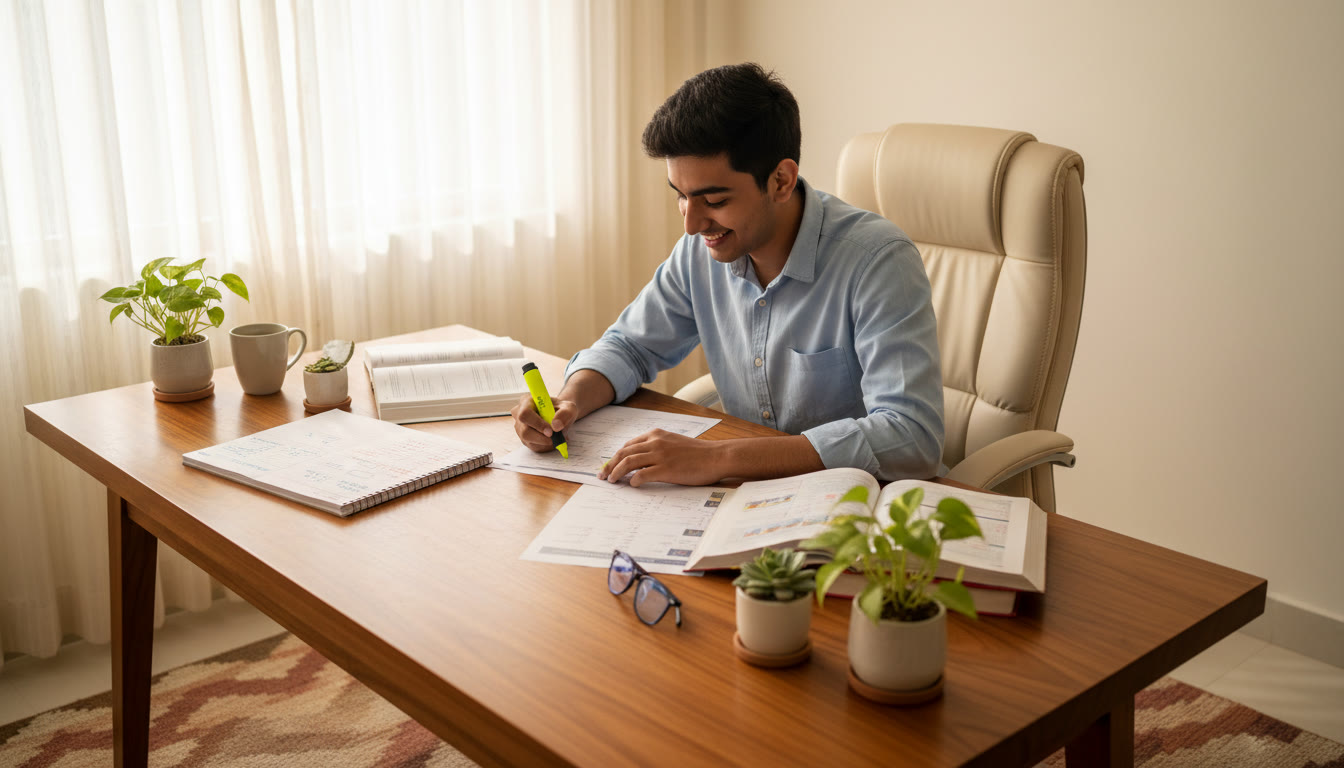 Photo Idea : A student analyzing a mock test paper with a highlighter and handwritten error log