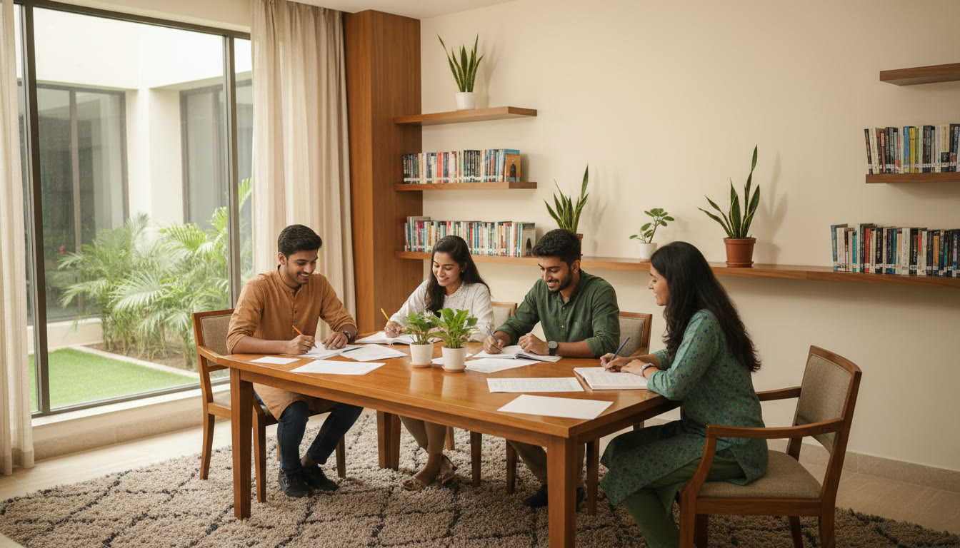 Photo Idea : A small study group in a calm library space working on a mock test with OMR sheets on the table