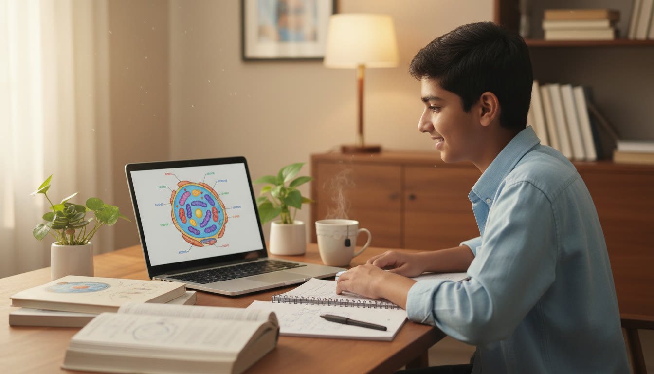 Photo Idea : A focused student at a tidy desk surrounded by science books, notes, a laptop displaying a diagram, and a cup of coffee