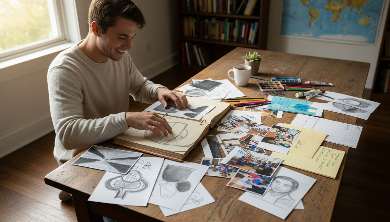 Photo Idea : a student arranging sketches, photos, and handwritten notes into a neat CAS portfolio on a wooden desk